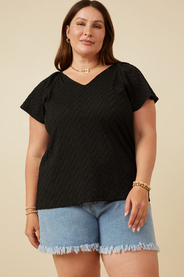 HY7264W BLACK Plus Exaggerated Ruffle Textured Knit Tank Front